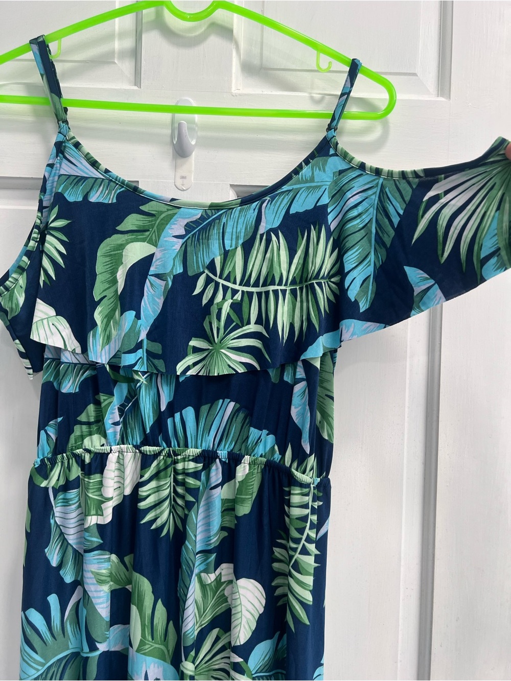UNBRANDED Blue Green Palm Print Maxi Cold Shoulder Dress SIZE LARGE Pre Loved - Picture 3 of 6